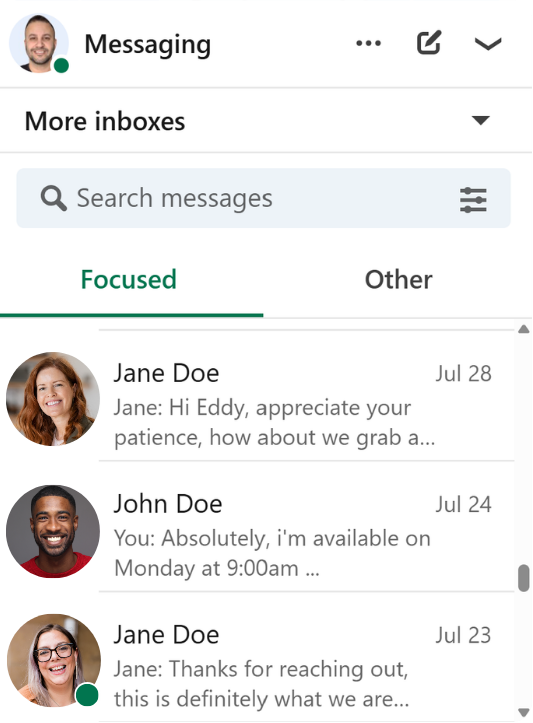 LinkedIn messaging inbox showing active prospect conversations
